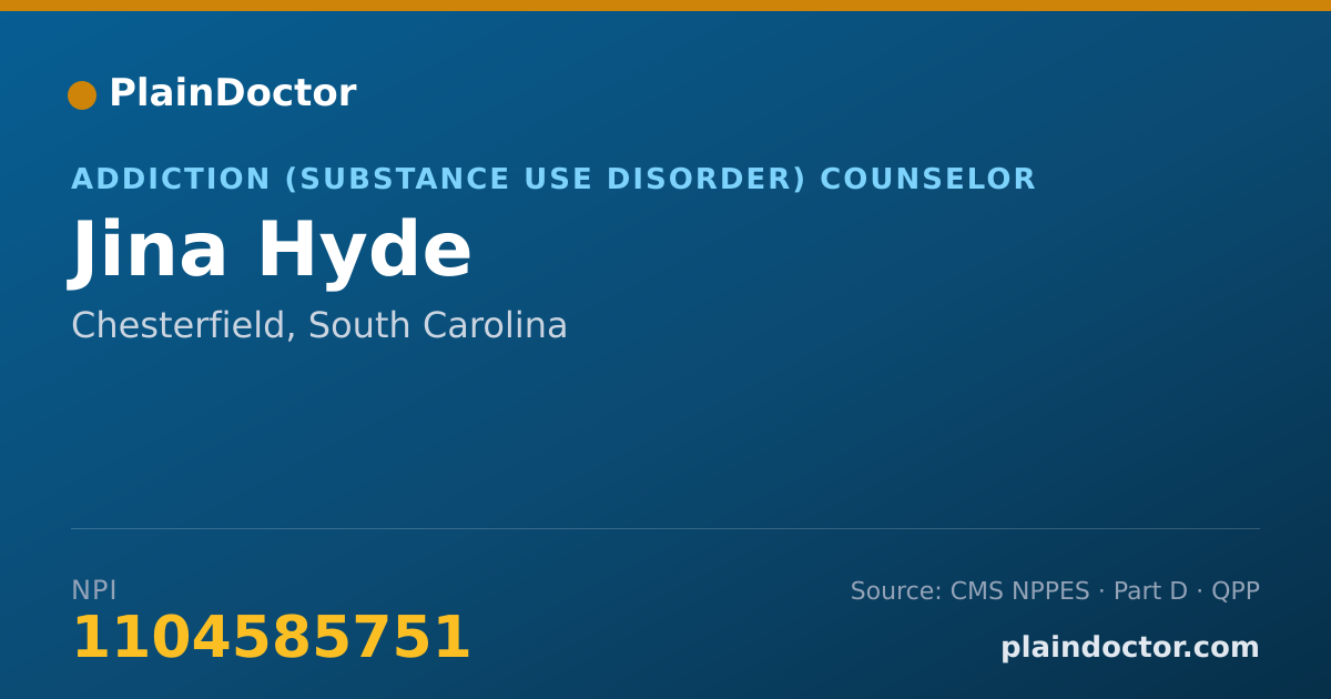Shareable card for Jina Hyde - Addiction (Substance Use Disorder) Counselor, Chesterfield, SC