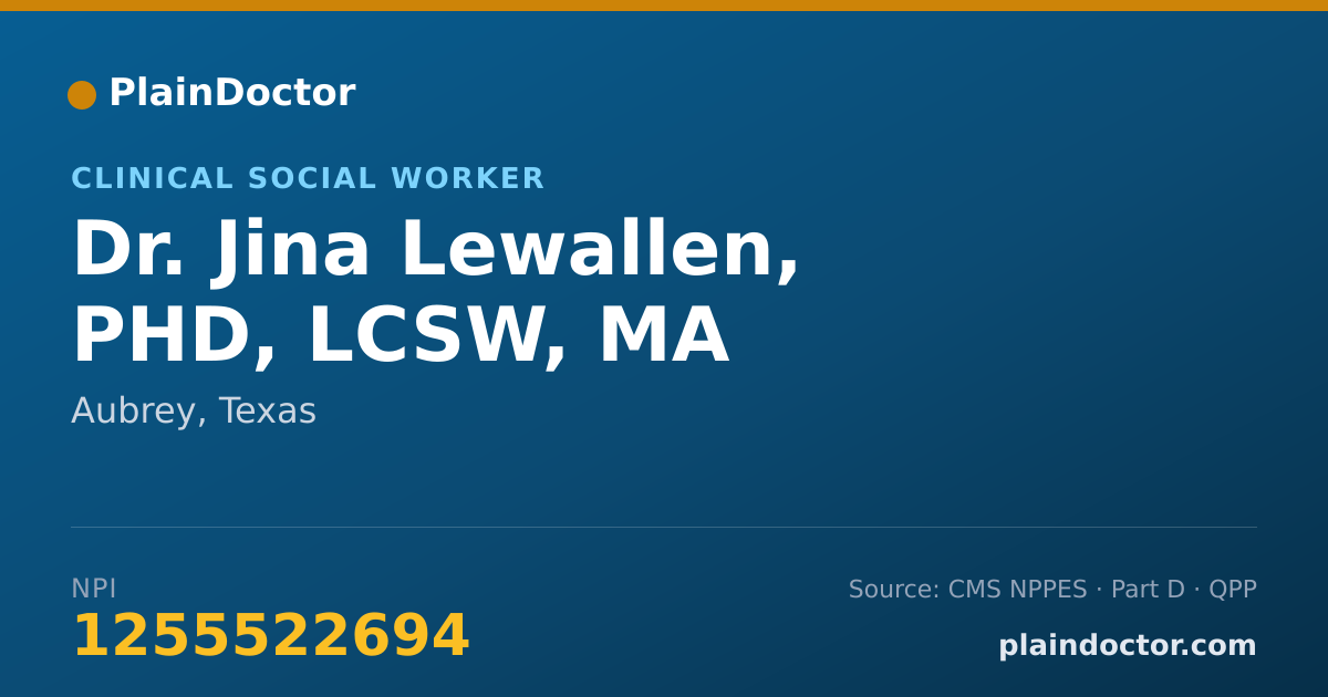 Shareable card for Jina Lewallen, PHD, LCSW, MA - Clinical Social Worker, Aubrey, TX