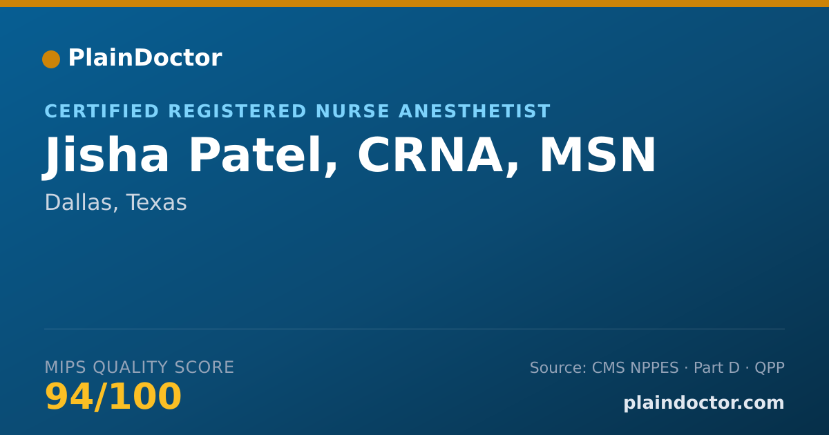 Shareable card for Jisha Patel, CRNA, MSN - Certified Registered Nurse Anesthetist, Dallas, TX