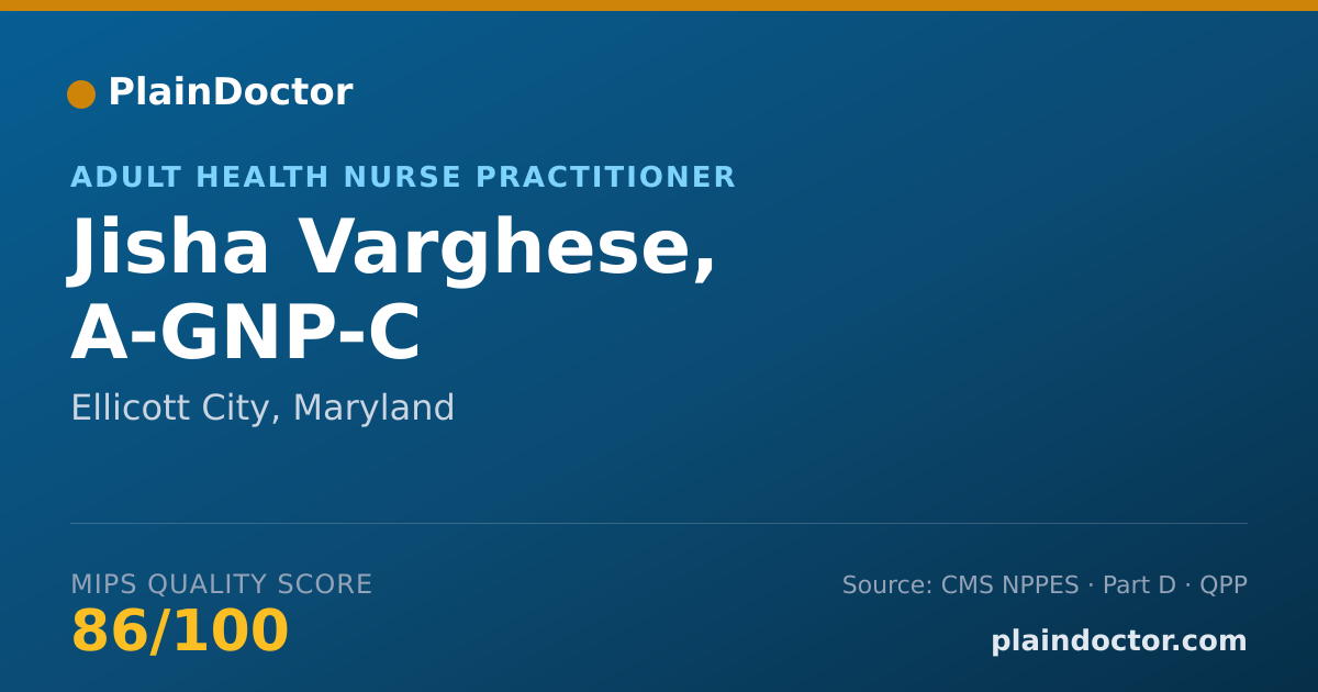 Shareable card for Jisha Varghese, A-GNP-C - Adult Health Nurse Practitioner, Ellicott City, MD