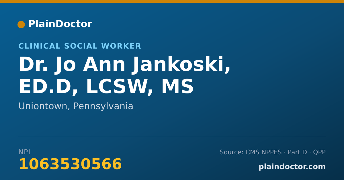 Shareable card for Jo Ann Jankoski, ED.D, LCSW, MS - Clinical Social Worker, Uniontown, PA