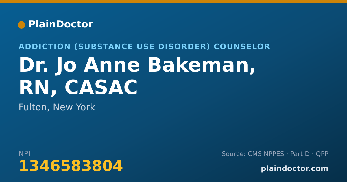 Shareable card for Jo Anne Bakeman, RN, CASAC - Addiction (Substance Use Disorder) Counselor, Fulton, NY