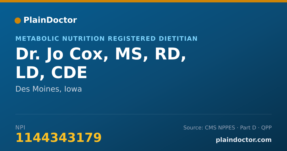 Shareable card for Jo Cox, MS, RD, LD, CDE - Metabolic Nutrition Registered Dietitian, Des Moines, IA
