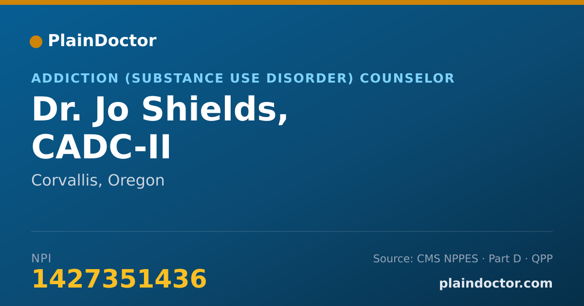 Shareable card for Jo Shields, CADC-II - Addiction (Substance Use Disorder) Counselor, Corvallis, OR