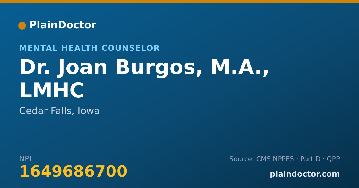 Shareable card for Joan Burgos, M.A., LMHC - Mental Health Counselor, Cedar Falls, IA