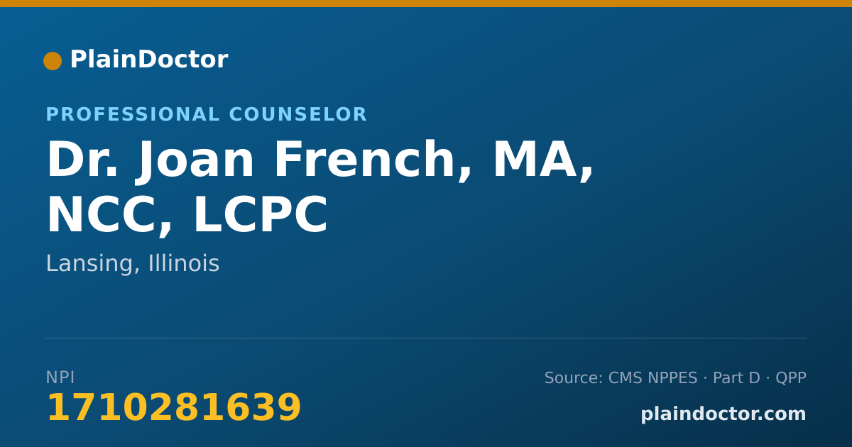 Shareable card for Joan French, MA, NCC, LCPC - Professional Counselor, Lansing, IL