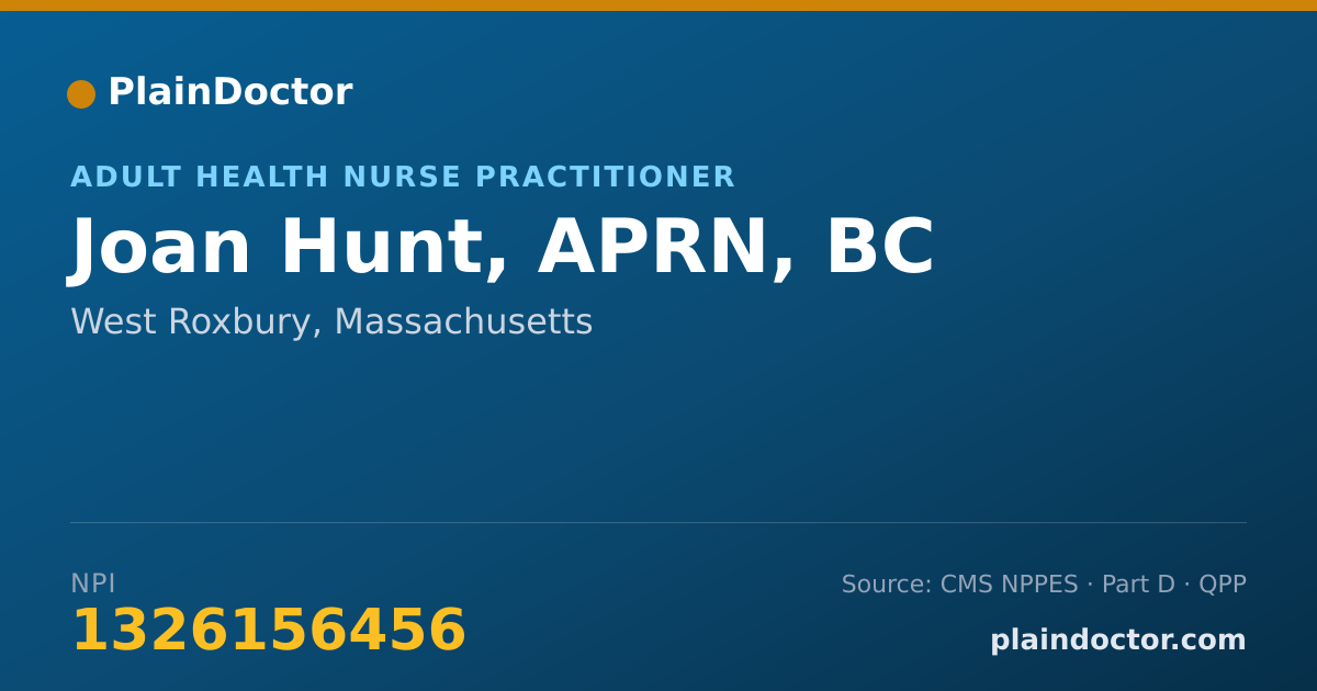 Shareable card for Joan Hunt, APRN, BC - Adult Health Nurse Practitioner, West Roxbury, MA