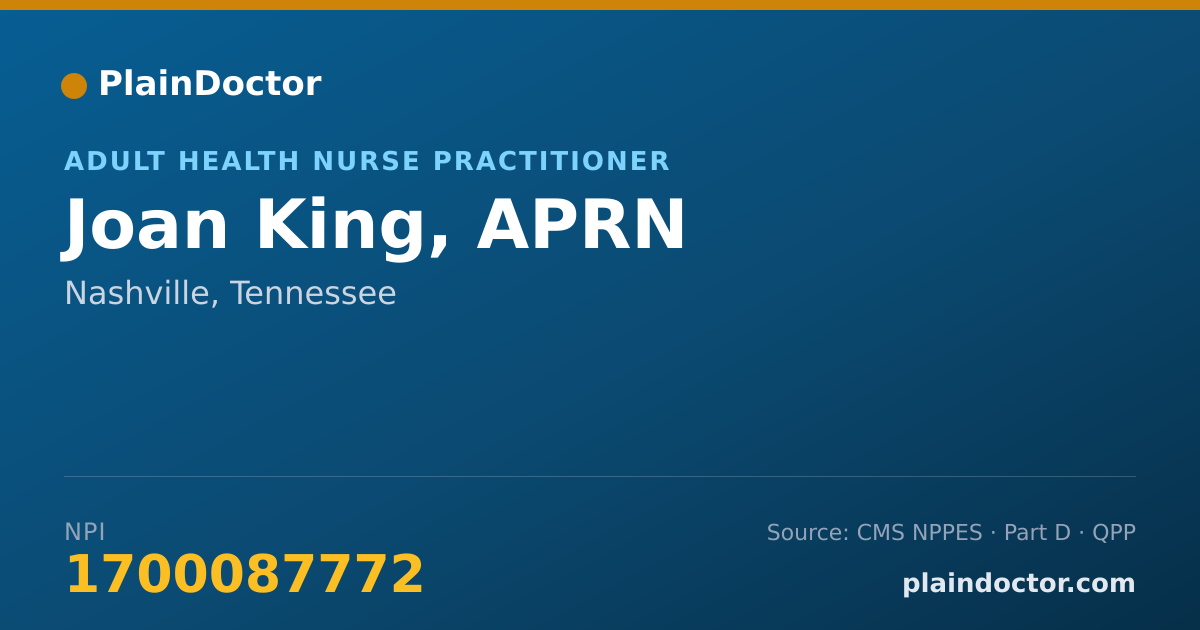 Shareable card for Joan King, APRN - Adult Health Nurse Practitioner, Nashville, TN