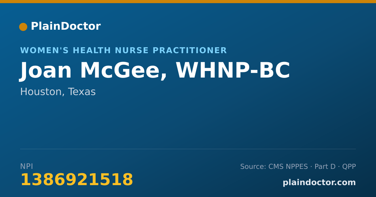 Shareable card for Joan McGee, WHNP-BC - Women's Health Nurse Practitioner, Houston, TX