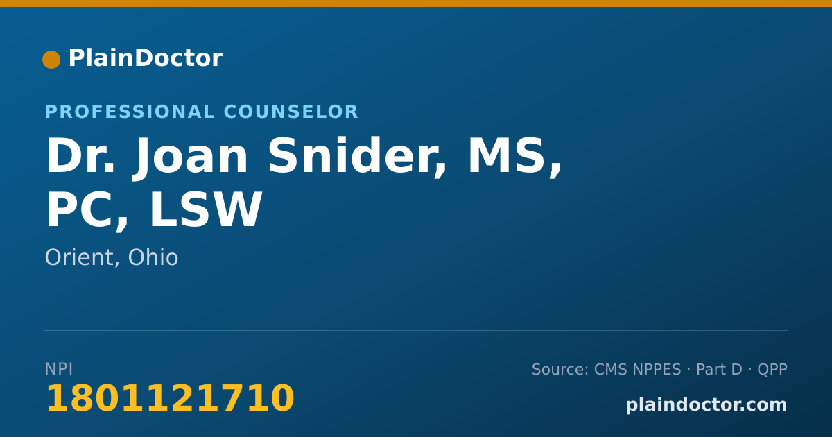 Shareable card for Joan Snider, MS, PC, LSW - Professional Counselor, Orient, OH