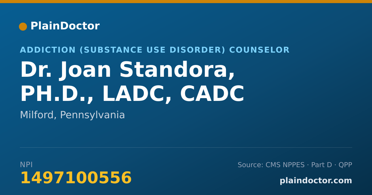 Shareable card for Joan Standora, PH.D., LADC, CADC - Addiction (Substance Use Disorder) Counselor, Milford, PA