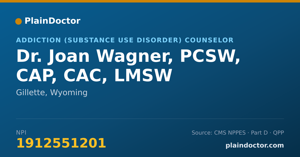 Shareable card for Joan Wagner, PCSW, CAP, CAC, LMSW - Addiction (Substance Use Disorder) Counselor, Gillette, WY