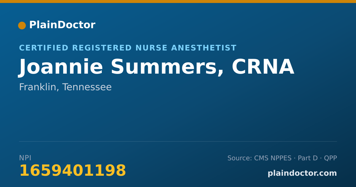 Shareable card for Joannie Summers, CRNA - Certified Registered Nurse Anesthetist, Franklin, TN