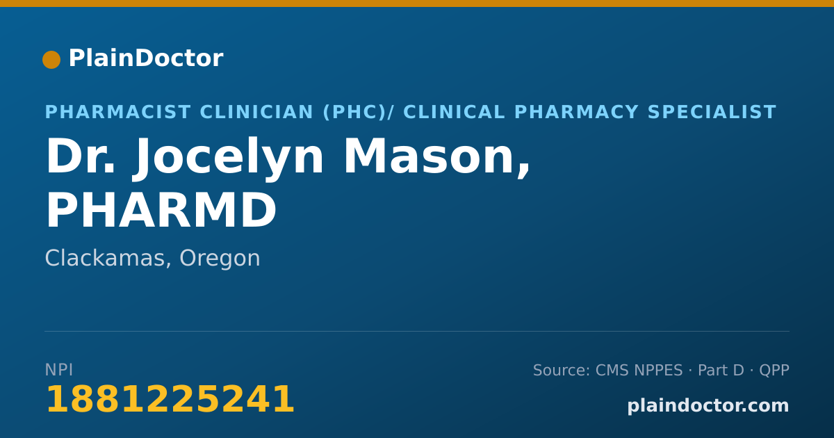 Shareable card for Jocelyn Mason, PHARMD - Pharmacist Clinician (PhC)/ Clinical Pharmacy Specialist, Clackamas, OR