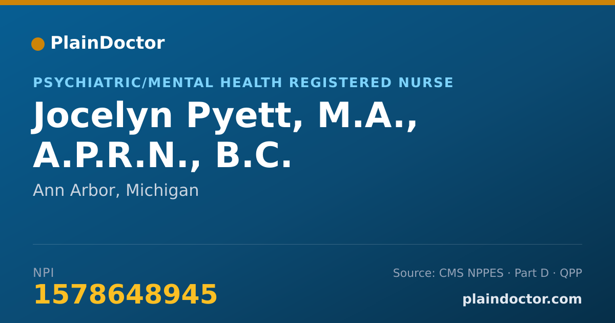 Shareable card for Jocelyn Pyett, M.A., A.P.R.N., B.C. - Psychiatric/Mental Health Registered Nurse, Ann Arbor, MI