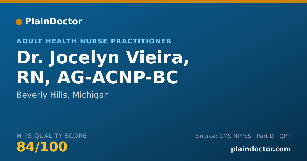 Shareable card for Jocelyn Vieira, RN, AG-ACNP-BC - Adult Health Nurse Practitioner, Beverly Hills, MI