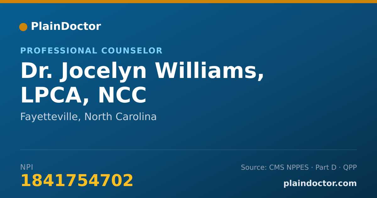 Shareable card for Jocelyn Williams, LPCA, NCC - Professional Counselor, Fayetteville, NC