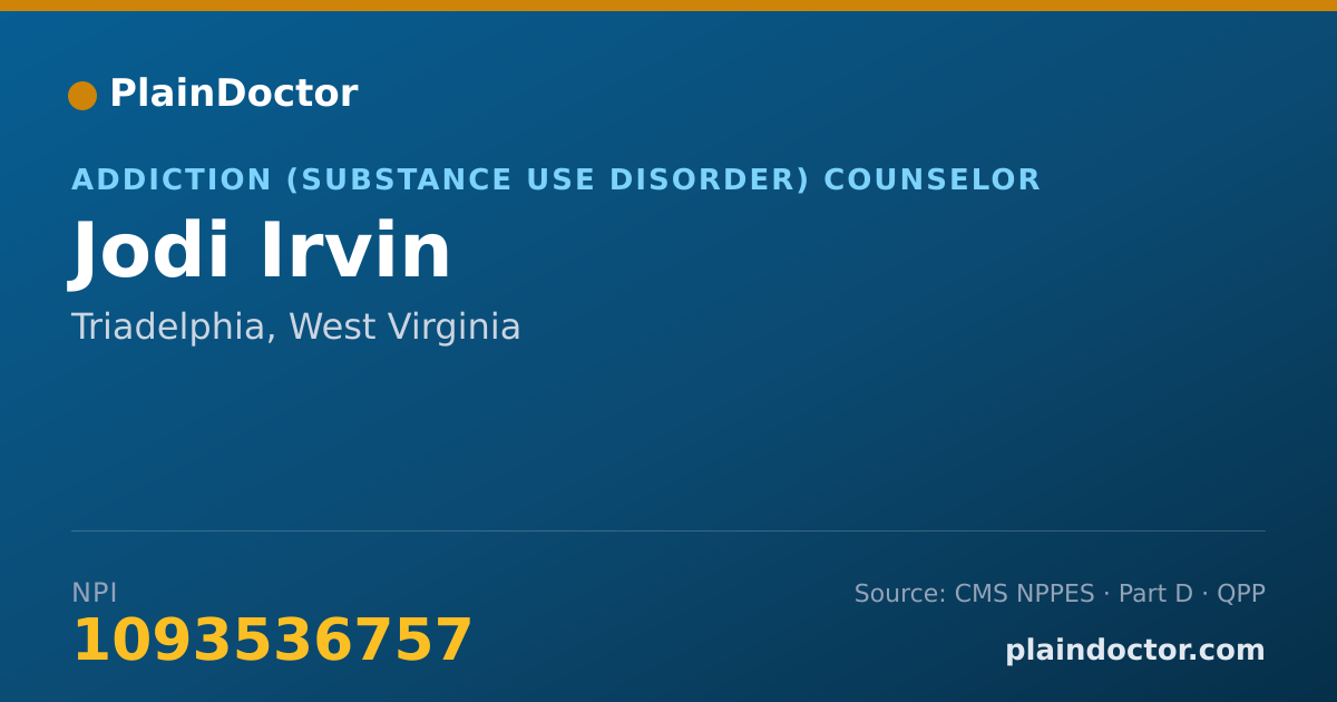 Shareable card for Jodi Irvin - Addiction (Substance Use Disorder) Counselor, Triadelphia, WV