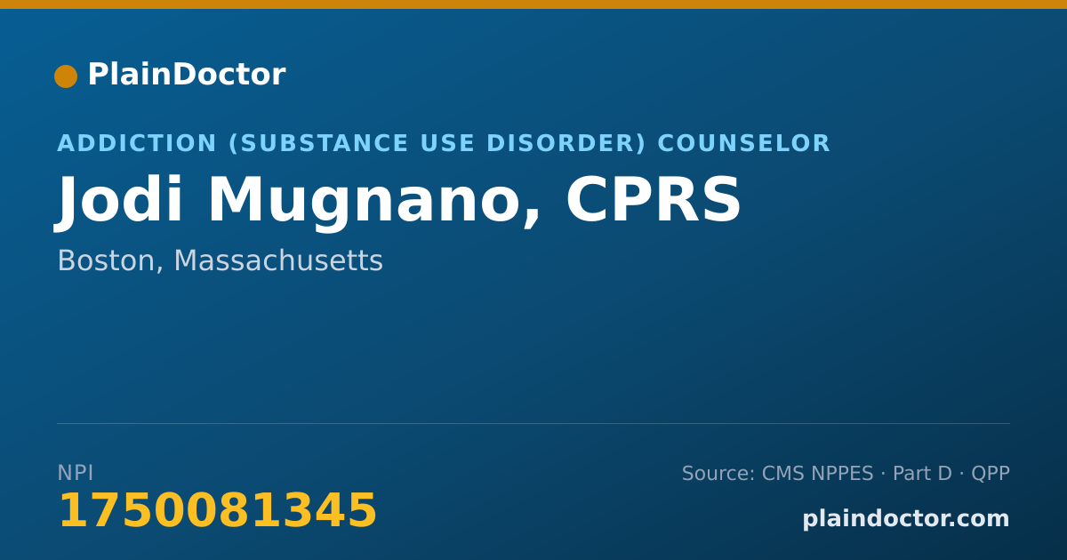 Shareable card for Jodi Mugnano, CPRS - Addiction (Substance Use Disorder) Counselor, Boston, MA