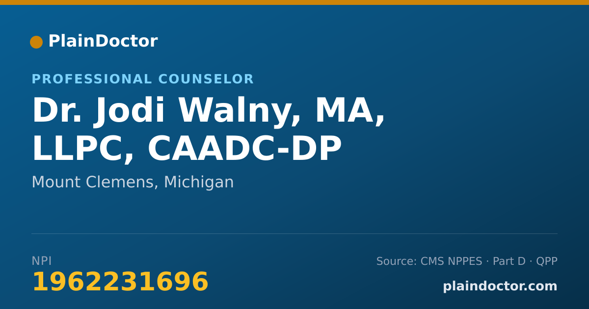 Shareable card for Jodi Walny, MA, LLPC, CAADC-DP - Professional Counselor, Mount Clemens, MI