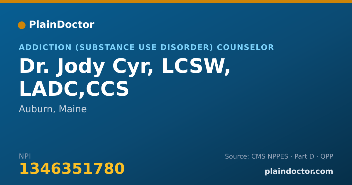 Shareable card for Jody Cyr, LCSW, LADC,CCS - Addiction (Substance Use Disorder) Counselor, Auburn, ME