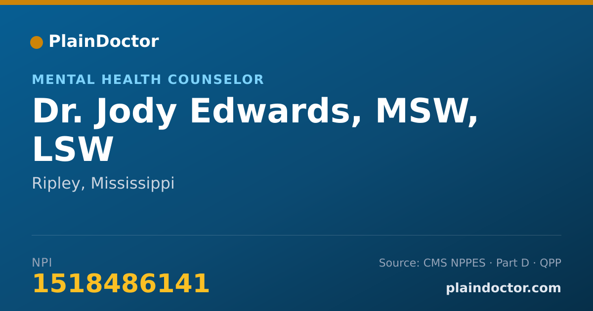 Shareable card for Jody Edwards, MSW, LSW - Mental Health Counselor, Ripley, MS