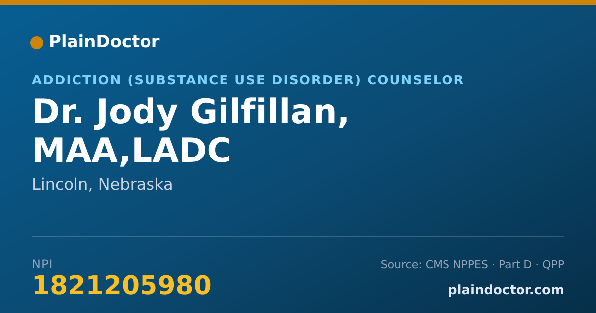 Shareable card for Jody Gilfillan, MAA,LADC - Addiction (Substance Use Disorder) Counselor, Lincoln, NE