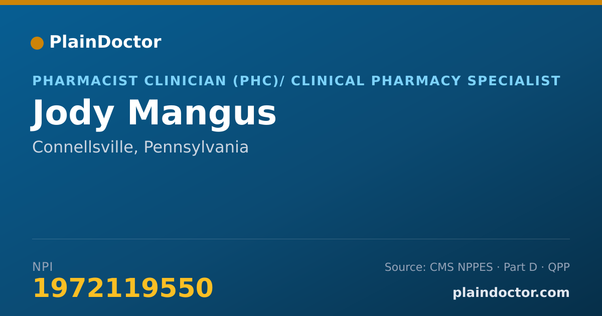 Shareable card for Jody Mangus - Pharmacist Clinician (PhC)/ Clinical Pharmacy Specialist, Connellsville, PA