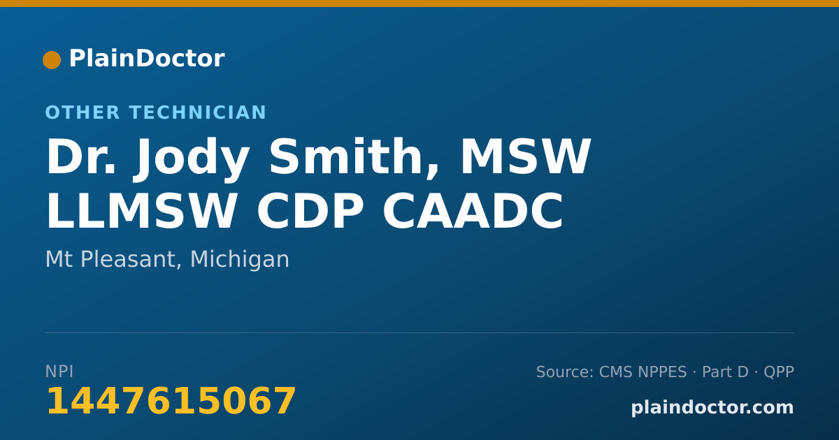 Shareable card for Jody Smith, MSW LLMSW CDP CAADC - Other Technician, Mt Pleasant, MI