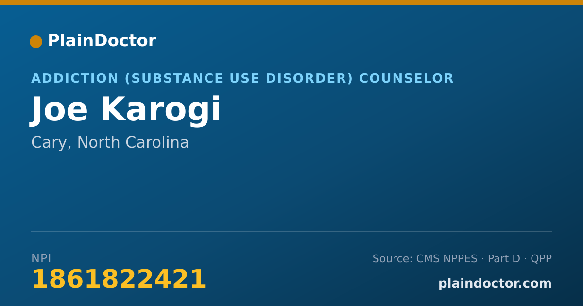 Shareable card for Joe Karogi - Addiction (Substance Use Disorder) Counselor, Cary, NC