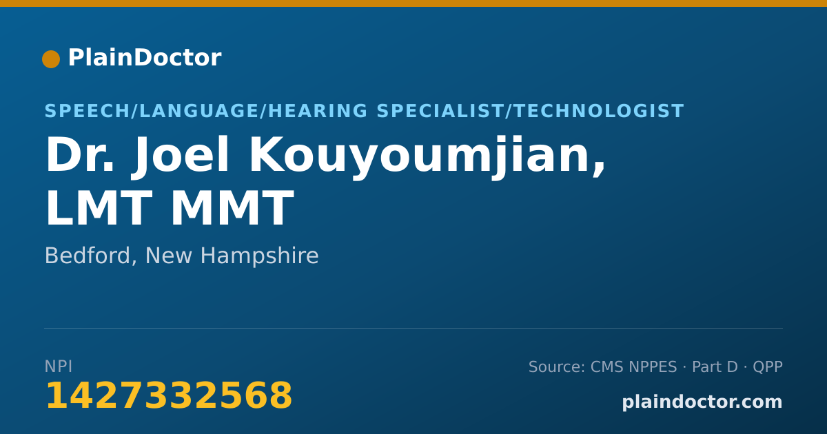 Shareable card for Joel Kouyoumjian, LMT MMT - Speech/Language/Hearing Specialist/Technologist, Bedford, NH