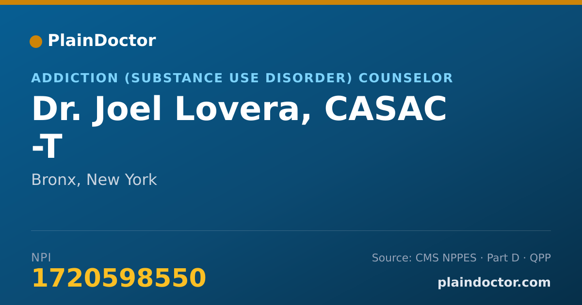 Shareable card for Joel Lovera, CASAC -T - Addiction (Substance Use Disorder) Counselor, Bronx, NY