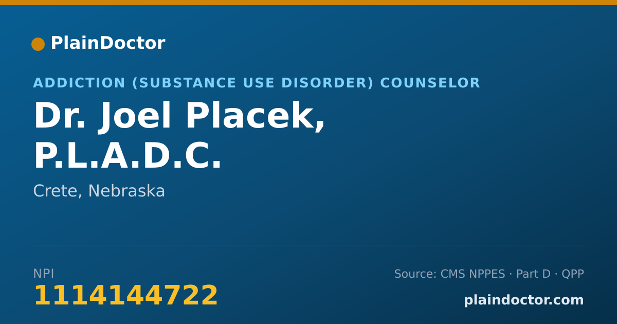 Shareable card for Joel Placek, P.L.A.D.C. - Addiction (Substance Use Disorder) Counselor, Crete, NE