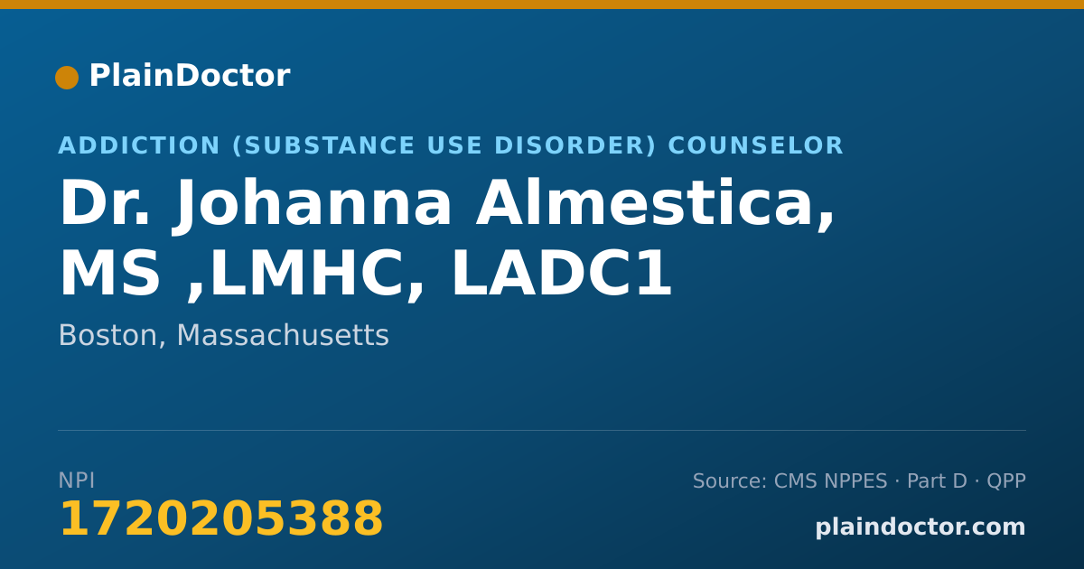 Shareable card for Johanna Almestica, MS ,LMHC, LADC1 - Addiction (Substance Use Disorder) Counselor, Boston, MA
