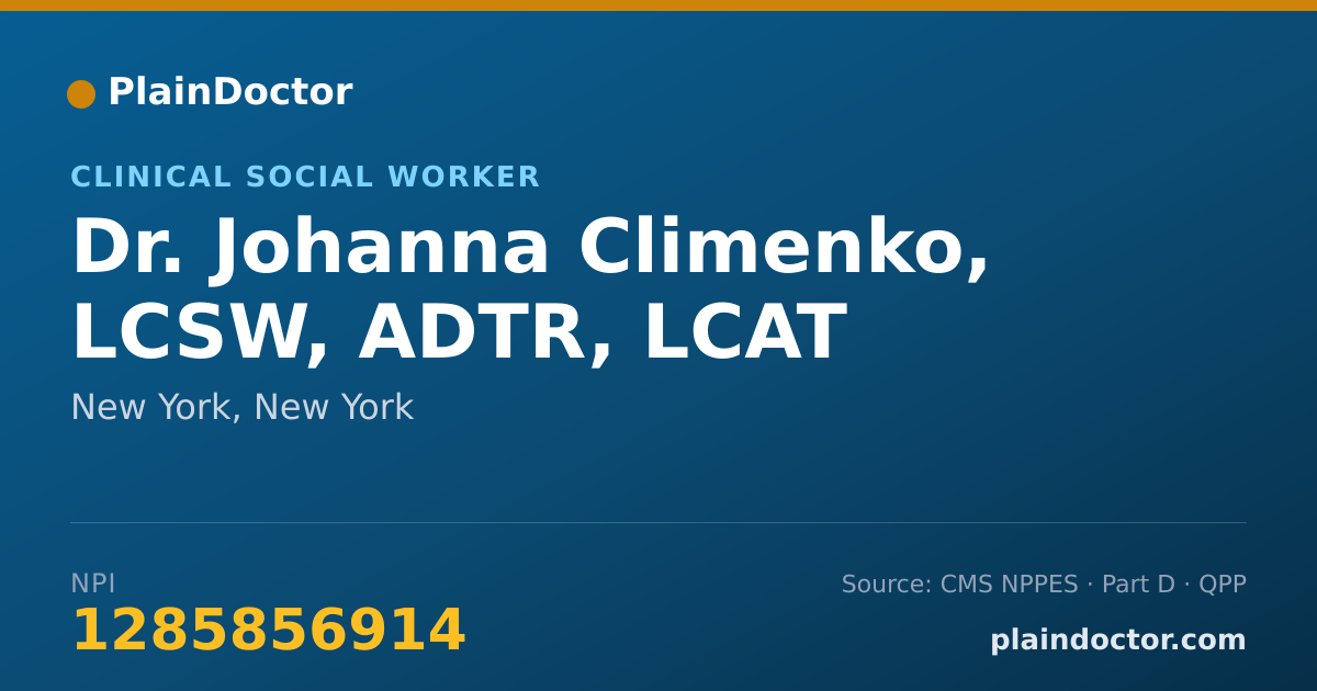 Shareable card for Johanna Climenko, LCSW, ADTR, LCAT - Clinical Social Worker, New York, NY