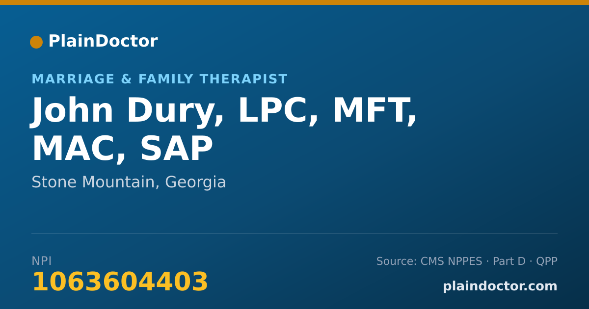 Shareable card for John Dury, LPC, MFT, MAC, SAP - Marriage & Family Therapist, Stone Mountain, GA