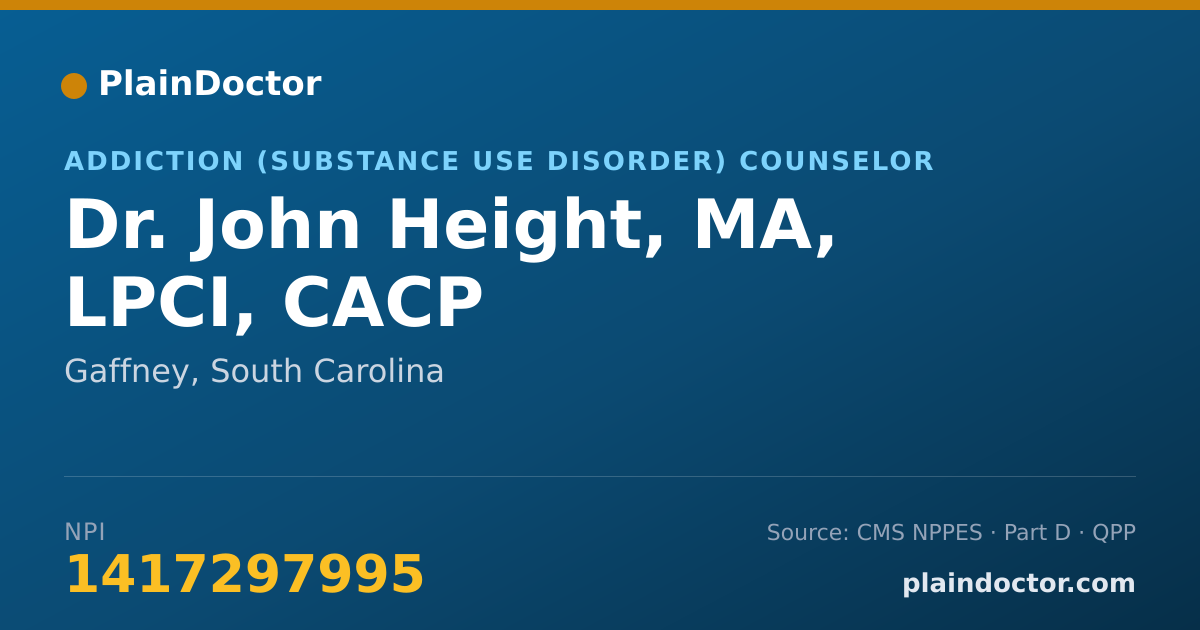 Shareable card for John Height, MA, LPCI, CACP - Addiction (Substance Use Disorder) Counselor, Gaffney, SC