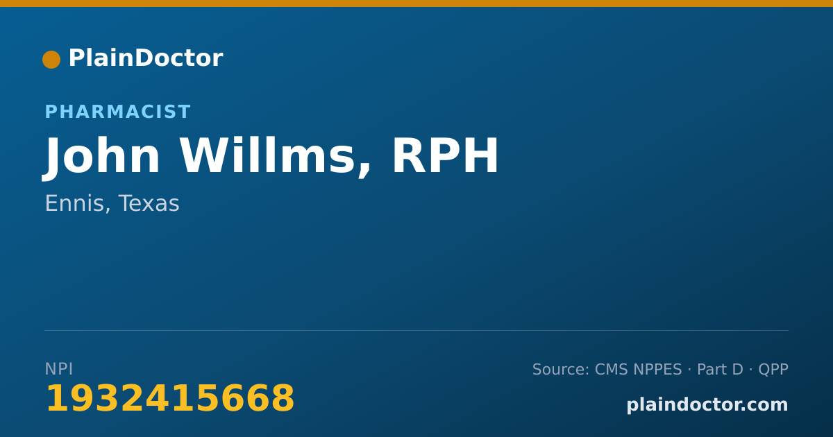 Shareable card for John Willms, RPH - Pharmacist, Ennis, TX