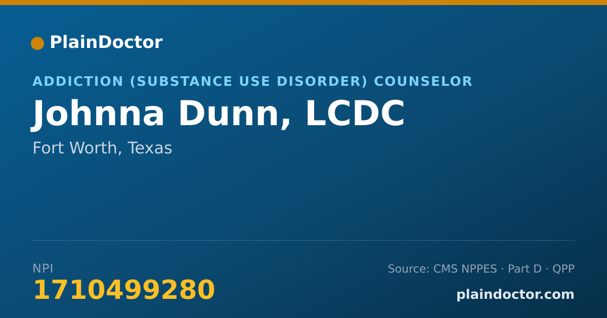 Shareable card for Johnna Dunn, LCDC - Addiction (Substance Use Disorder) Counselor, Fort Worth, TX
