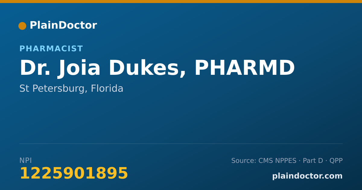 Shareable card for Joia Dukes, PHARMD - Pharmacist, St Petersburg, FL