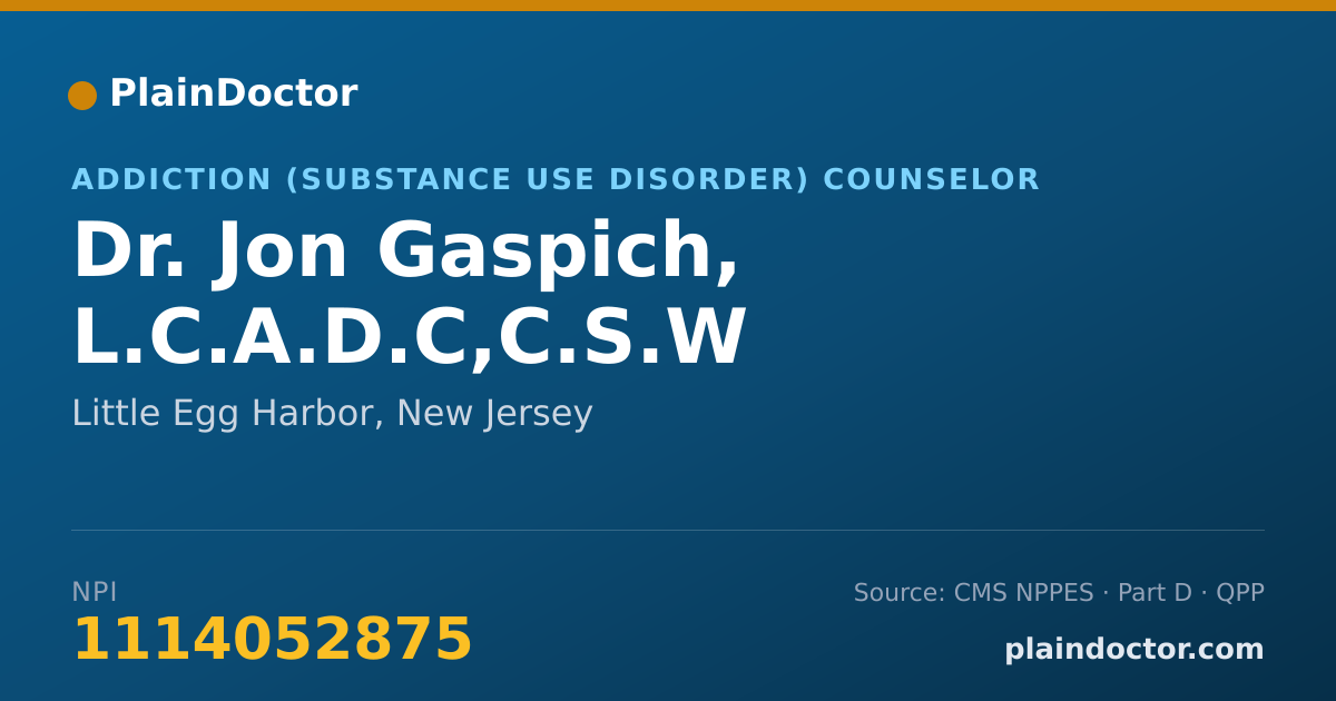 Shareable card for Jon Gaspich, L.C.A.D.C,C.S.W - Addiction (Substance Use Disorder) Counselor, Little Egg Harbor, NJ