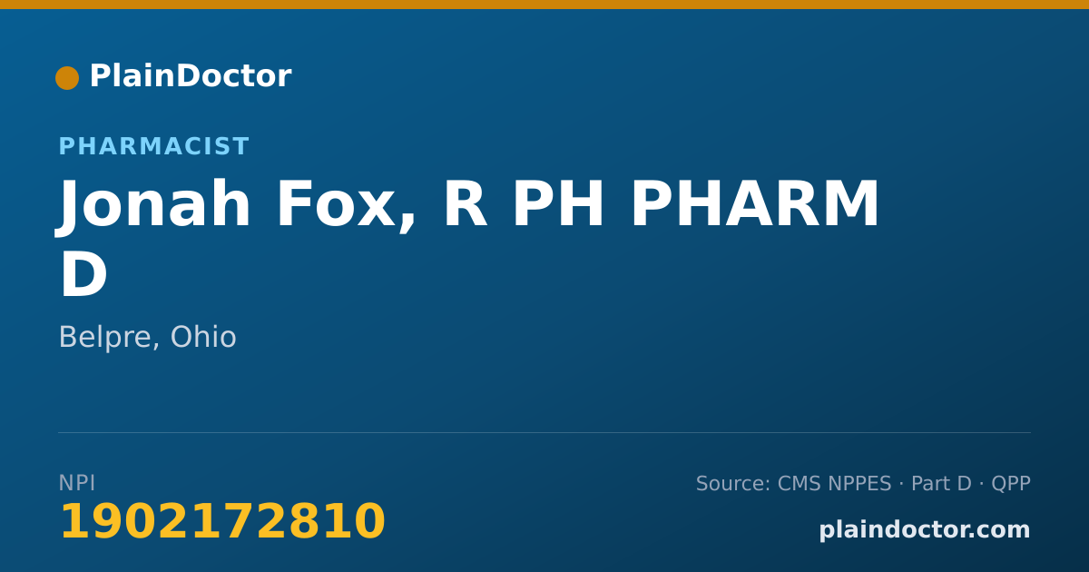 Shareable card for Jonah Fox, R PH PHARM D - Pharmacist, Belpre, OH