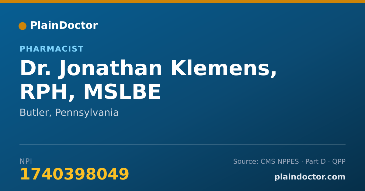 Shareable card for Jonathan Klemens, RPH, MSLBE - Pharmacist, Butler, PA