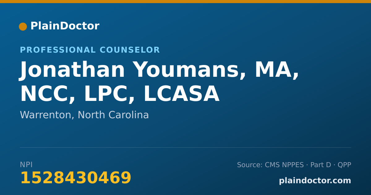 Shareable card for Jonathan Youmans, MA, NCC, LPC, LCASA - Addiction (Substance Use Disorder) Counselor, Warrenton, NC