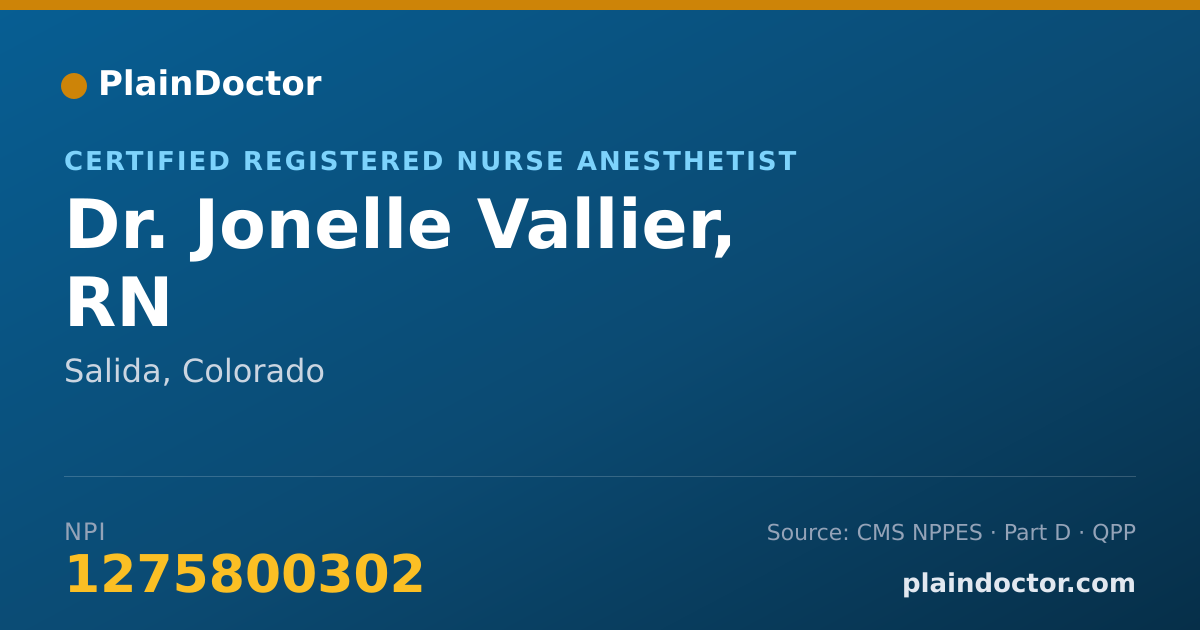 Shareable card for Jonelle Vallier, RN - Certified Registered Nurse Anesthetist, Salida, CO