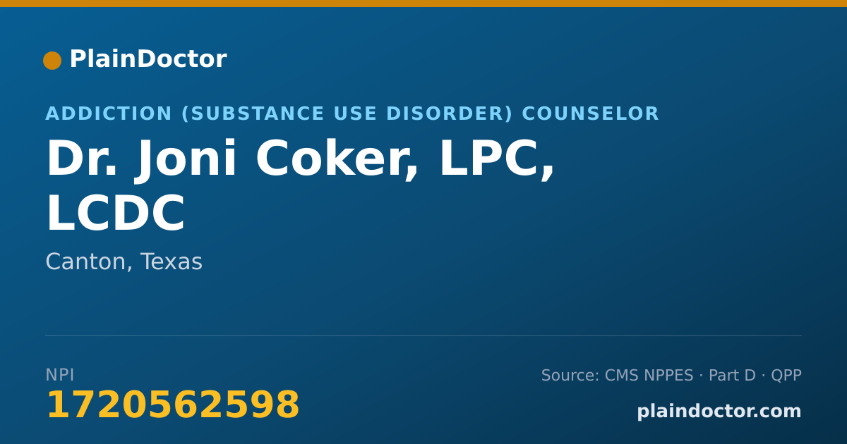 Shareable card for Joni Coker, LPC, LCDC - Addiction (Substance Use Disorder) Counselor, Canton, TX