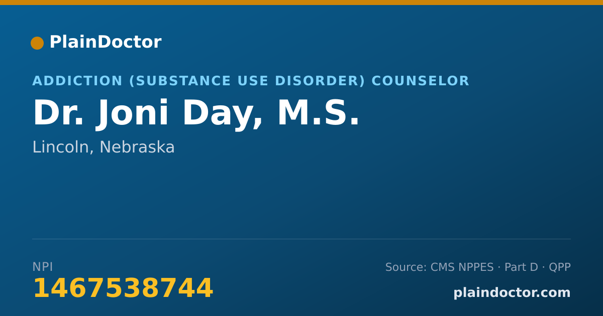 Shareable card for Joni Day, M.S. - Addiction (Substance Use Disorder) Counselor, Lincoln, NE