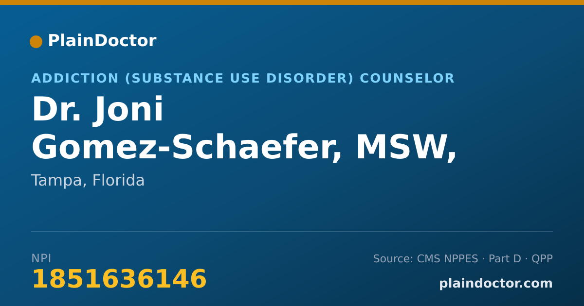 Shareable card for Joni Gomez-Schaefer, MSW, DSW, LCSW - Addiction (Substance Use Disorder) Counselor, Tampa, FL