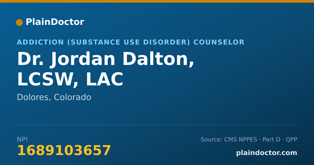 Shareable card for Jordan Dalton, LCSW, LAC - Addiction (Substance Use Disorder) Counselor, Dolores, CO