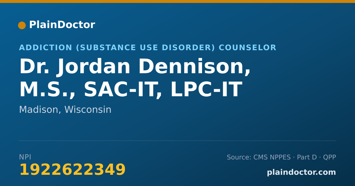 Shareable card for Jordan Dennison, M.S., SAC-IT, LPC-IT - Addiction (Substance Use Disorder) Counselor, Madison, WI